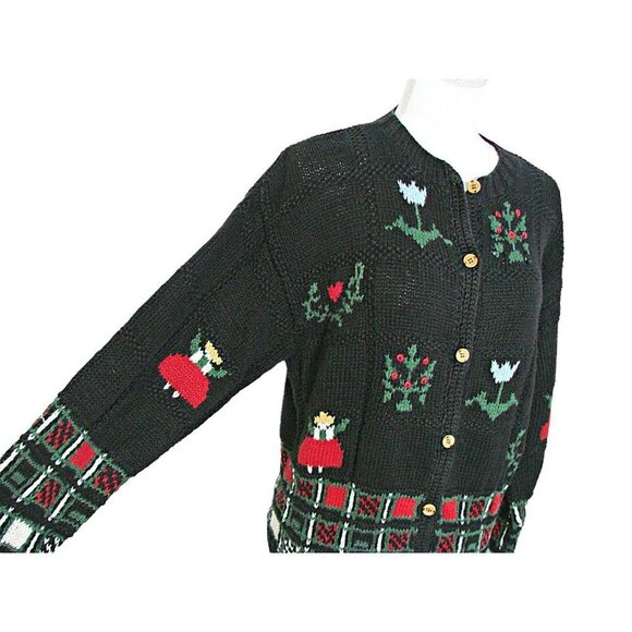 Vintage Y2K Susan Bristol Hand Knit Embroidered Cardigan Sweater Floral Black Lg - Picture 2 of 12